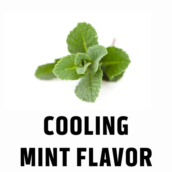 Mint leaf with headline "cooling mint flavor." Implied ingredient in custom lip balm with personalized label for a minty flavor.