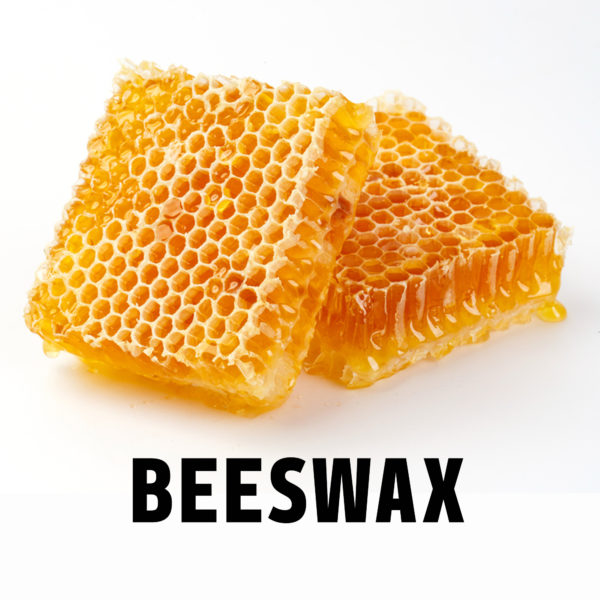 Two squares of real honeycomb, very waxy appearance. Headline says, "beeswax." Implied ingredient in custom lip balm with personalized label.