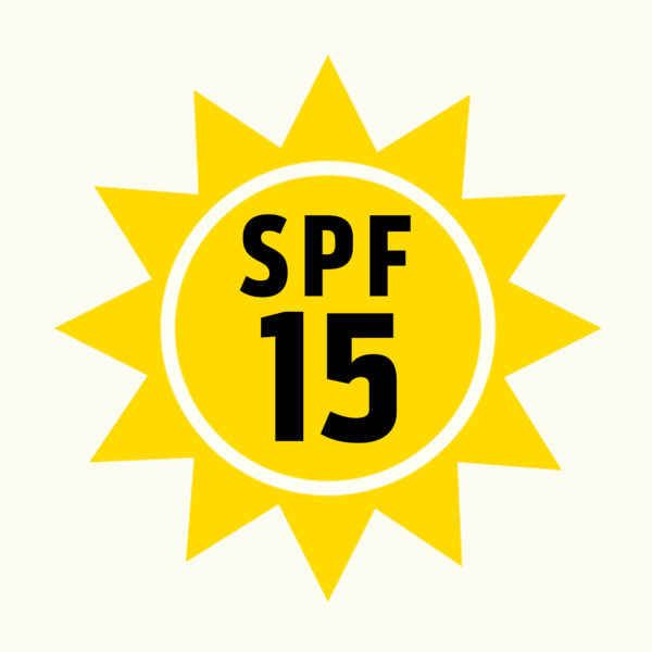 Icon of yellow sun with "SPF 15" in the graphic. Implies SPF 15 as ingredient or product feature for custom lip balm with personalized label.